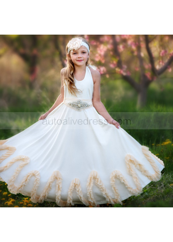 Halter Neck Ivory Floor Length Boho Beach Flower Girl Dress